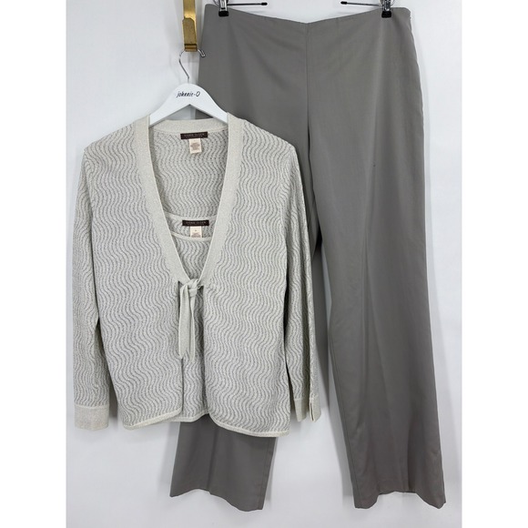 Sigrid Olsen Pants - Sigrid Olsen 3 Piece Set Metallic Knit Cardigan Cami‎ Silk Blend Pants Grey 16 L